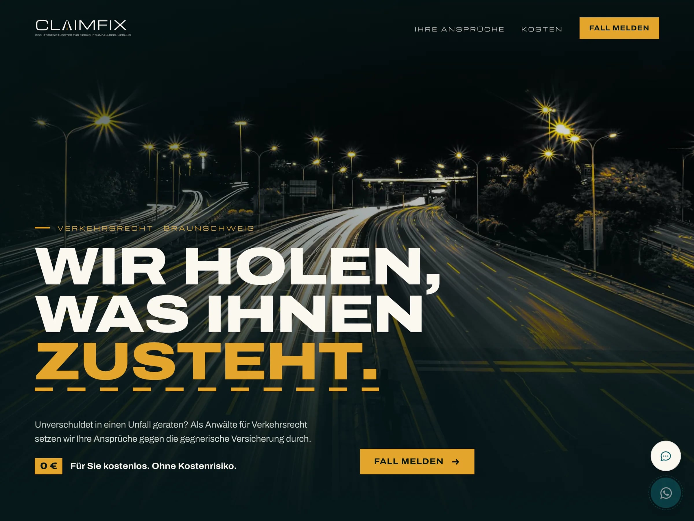 Claimfix: Landingpage für Unfallregulierung mit filmischen Scroll-Animationen und zweistufigem Anfrageformular.